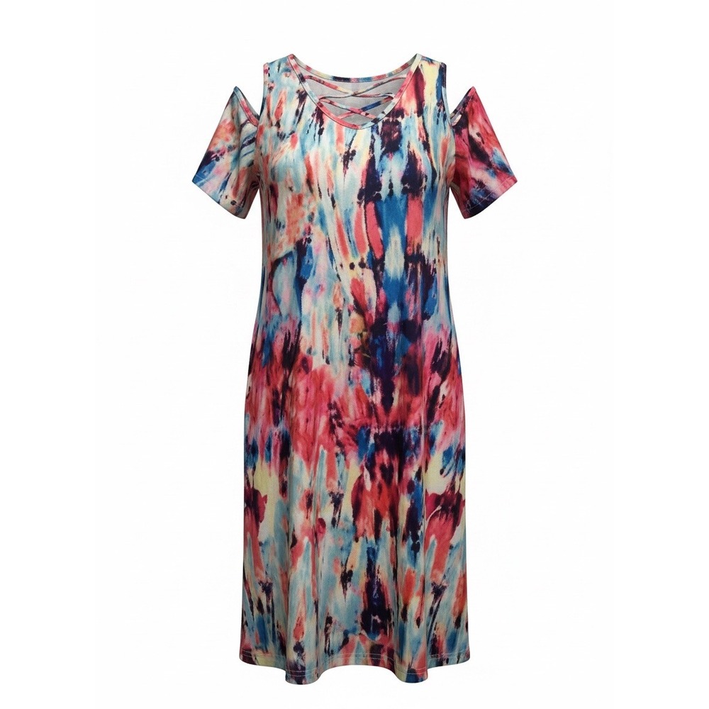 Bluetime Womens Tie Dye Cold Shoulder Knee Length Dress‎ Multi Color Y2K Size M